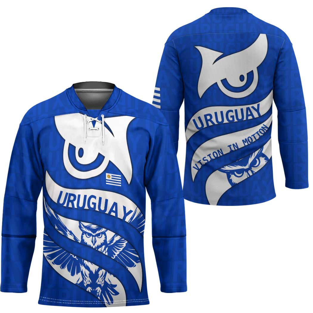 Uruguay Hockey Jersey with Owl Illustration Blue White Abstract Motion Design - Wonder Print Shop