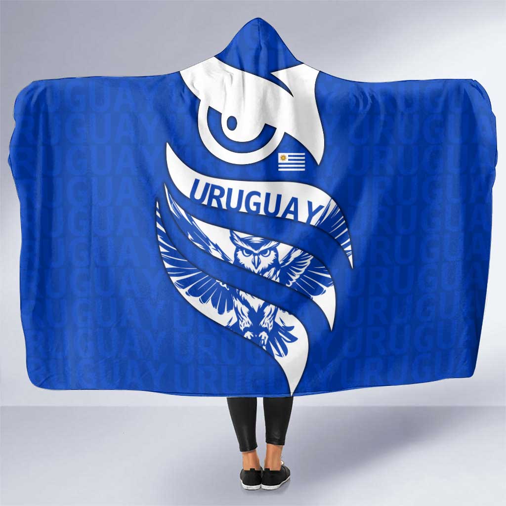 Uruguay Hooded Blanket with Owl Illustration Blue White Abstract Motion Design - Wonder Print Shop