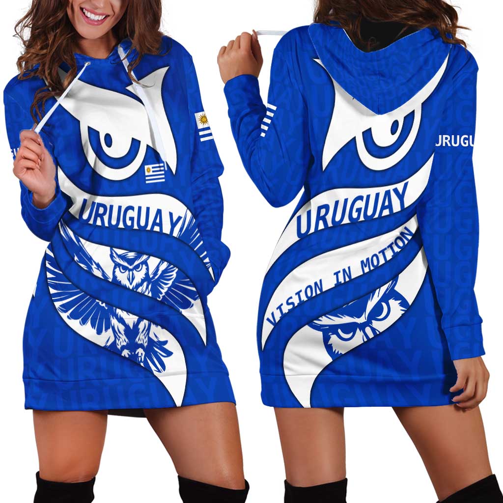 Uruguay Hoodie Dress with Owl Illustration Blue White Abstract Motion Design - Wonder Print Shop