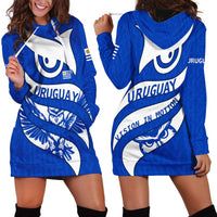 Uruguay Hoodie Dress with Owl Illustration Blue White Abstract Motion Design - Wonder Print Shop