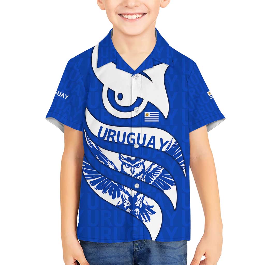 Uruguay Kid Hawaiian Shirt with Owl Illustration Blue White Abstract Motion Design - Wonder Print Shop