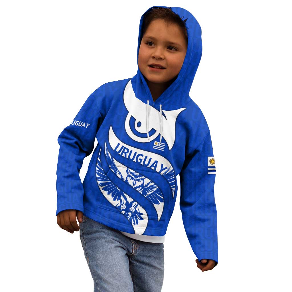 Uruguay Kid Hoodie with Owl Illustration Blue White Abstract Motion Design - Wonder Print Shop