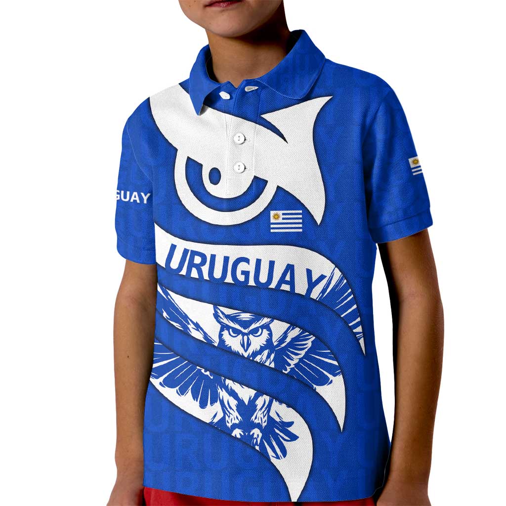 Uruguay Kid Polo Shirt with Owl Illustration Blue White Abstract Motion Design - Wonder Print Shop