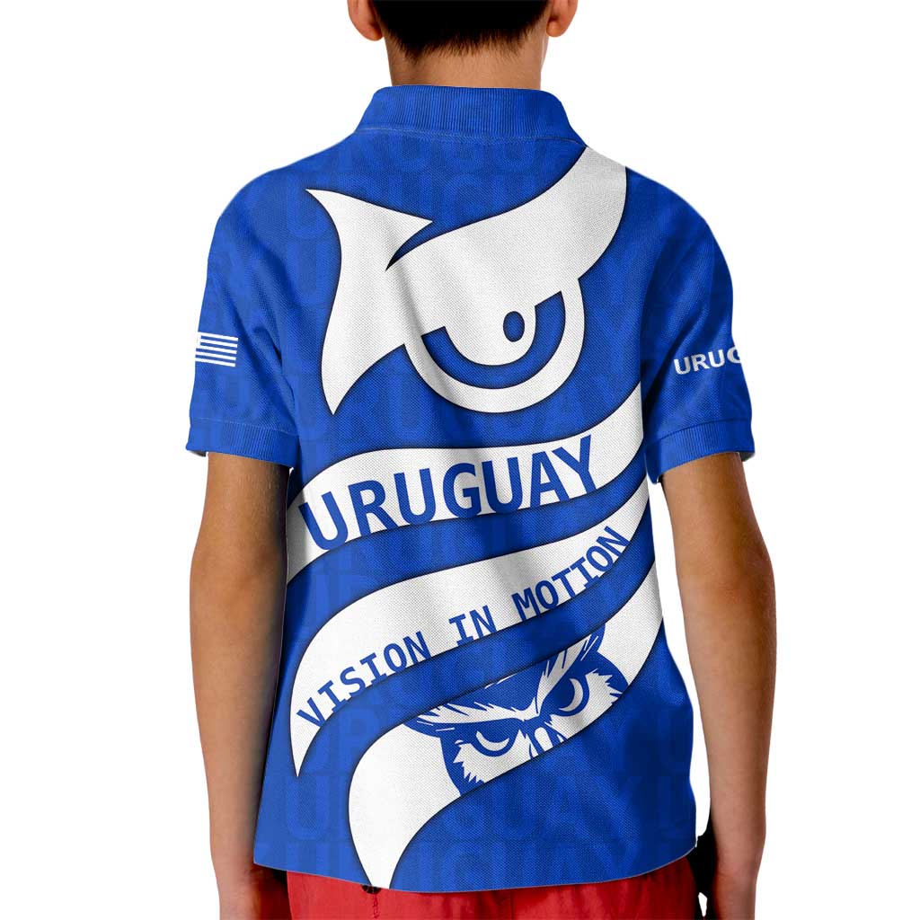 Uruguay Kid Polo Shirt with Owl Illustration Blue White Abstract Motion Design - Wonder Print Shop