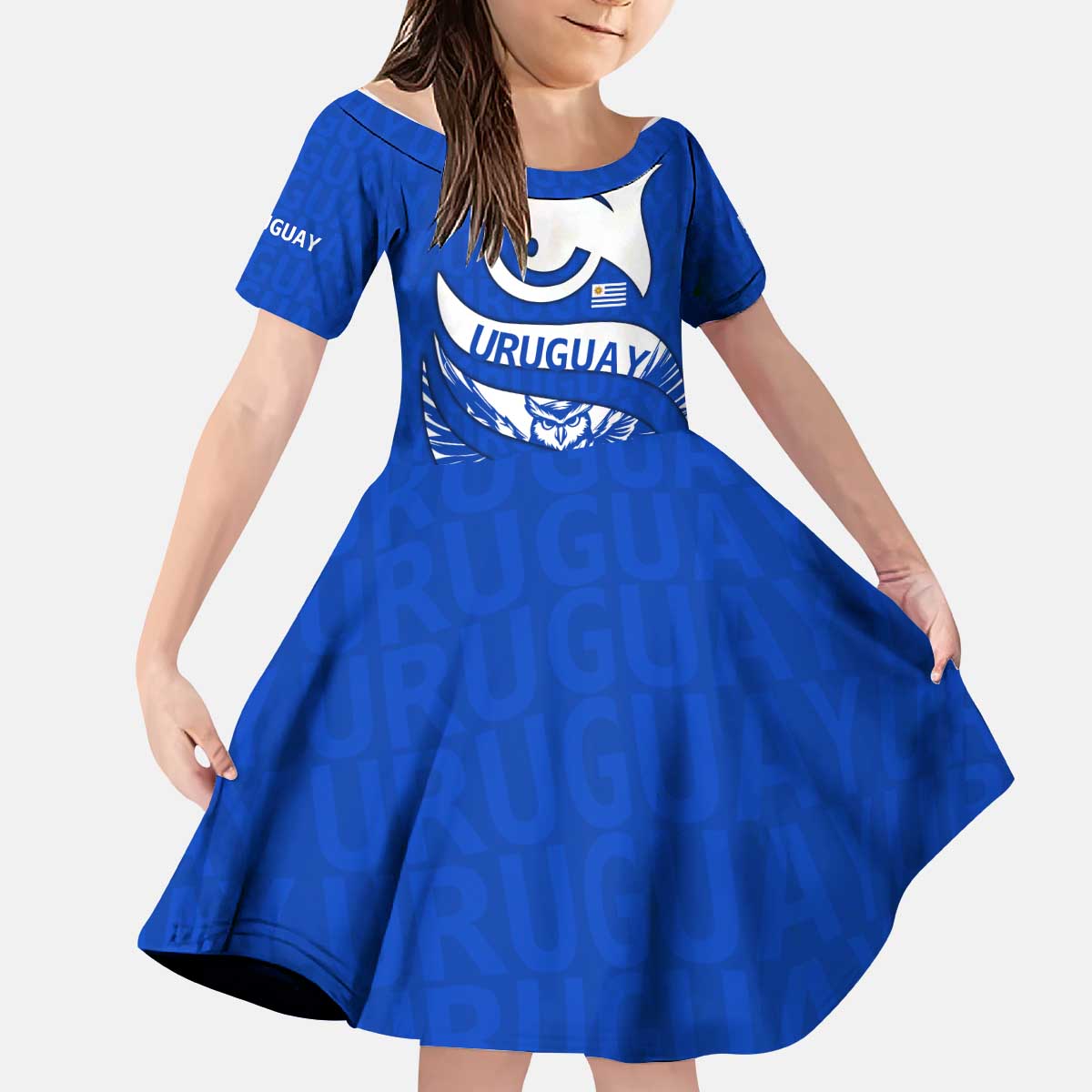 Uruguay Kid Short Sleeve Dress with Owl Illustration Blue White Abstract Motion Design - Wonder Print Shop