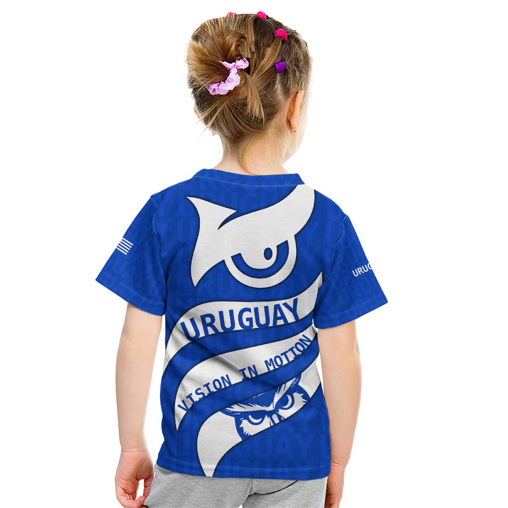 Uruguay Kid T Shirt with Owl Illustration Blue White Abstract Motion Design - Wonder Print Shop