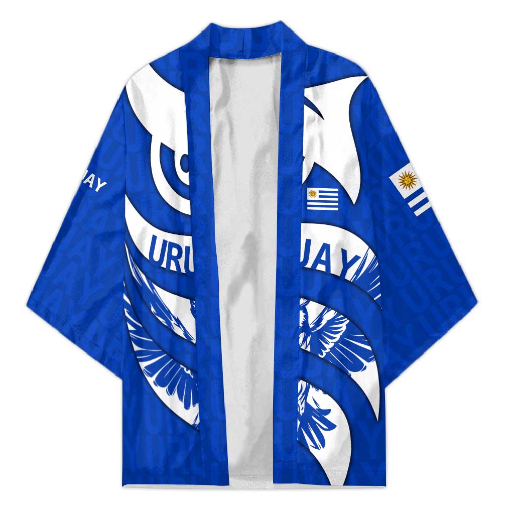 Uruguay Kimono with Owl Illustration Blue White Abstract Motion Design - Wonder Print Shop