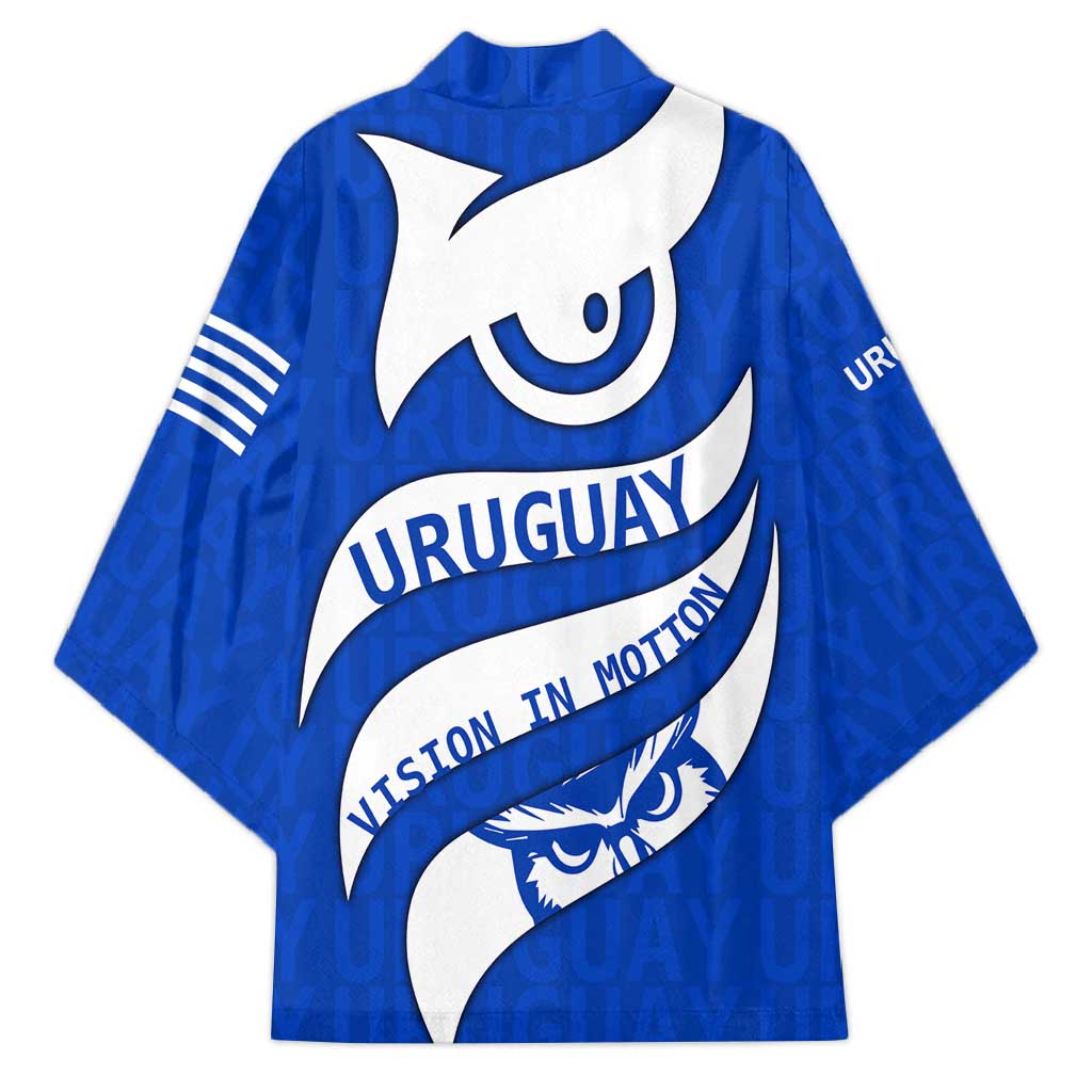 Uruguay Kimono with Owl Illustration Blue White Abstract Motion Design - Wonder Print Shop