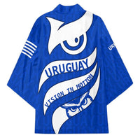 Uruguay Kimono with Owl Illustration Blue White Abstract Motion Design - Wonder Print Shop