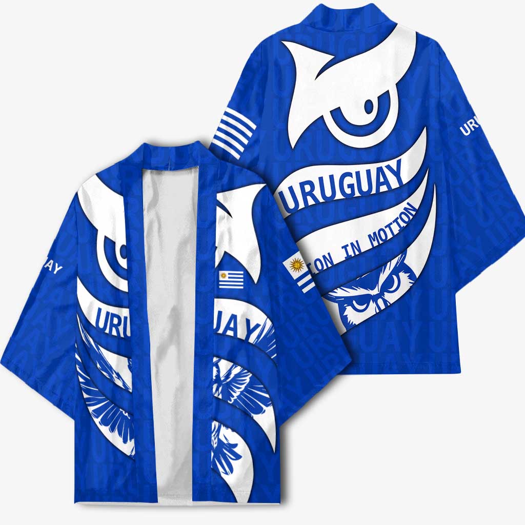 Uruguay Kimono with Owl Illustration Blue White Abstract Motion Design - Wonder Print Shop
