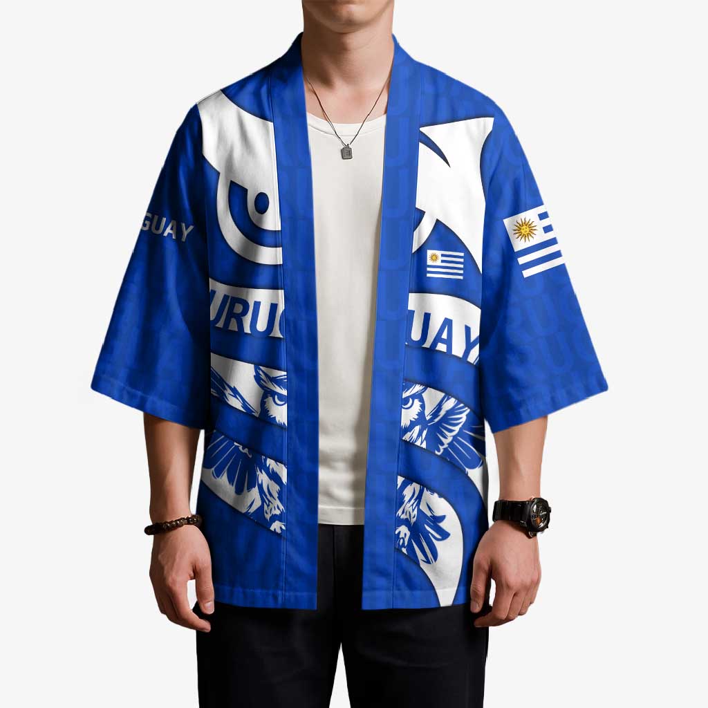 Uruguay Kimono with Owl Illustration Blue White Abstract Motion Design - Wonder Print Shop