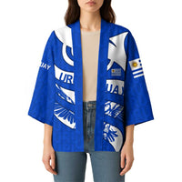 Uruguay Kimono with Owl Illustration Blue White Abstract Motion Design - Wonder Print Shop