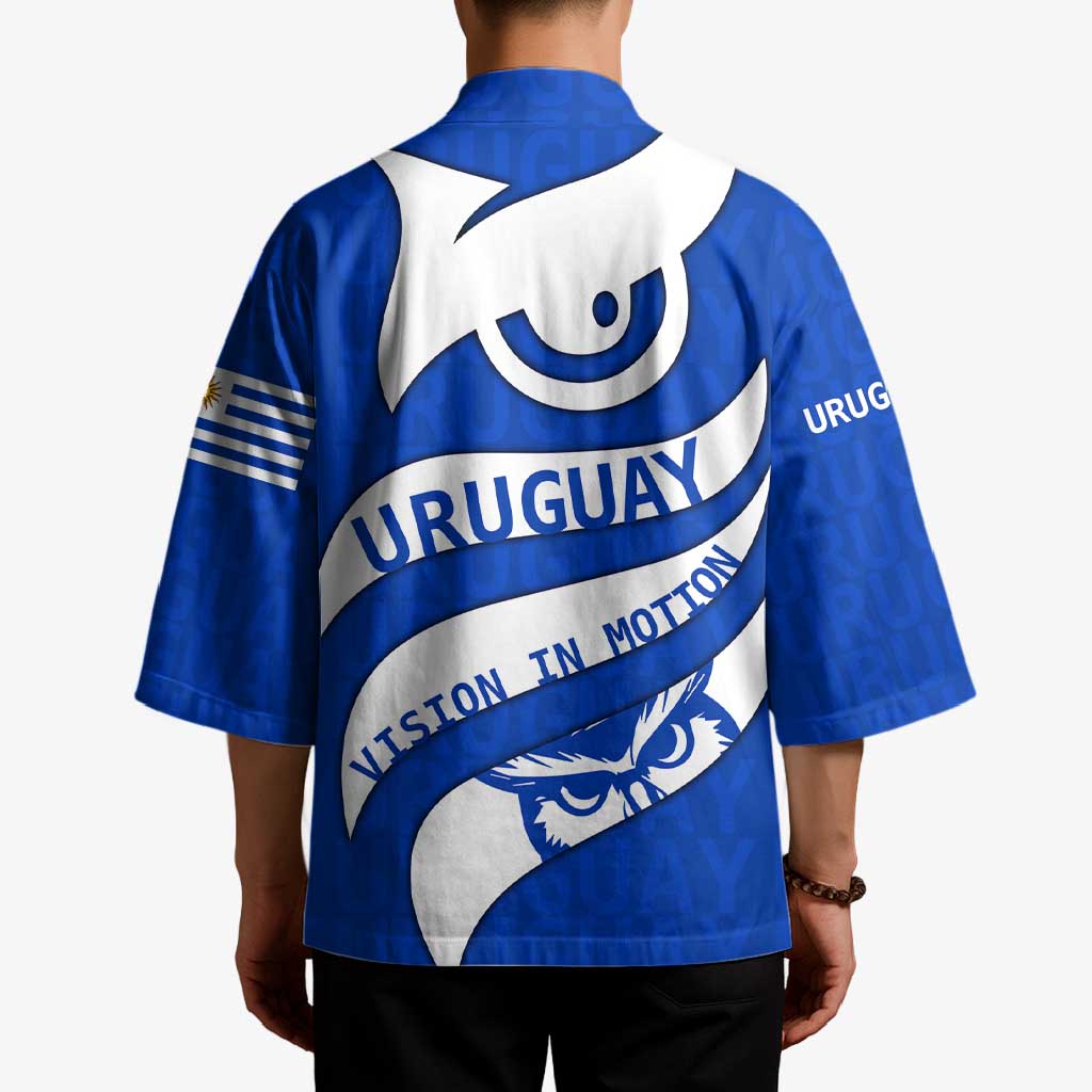 Uruguay Kimono with Owl Illustration Blue White Abstract Motion Design - Wonder Print Shop