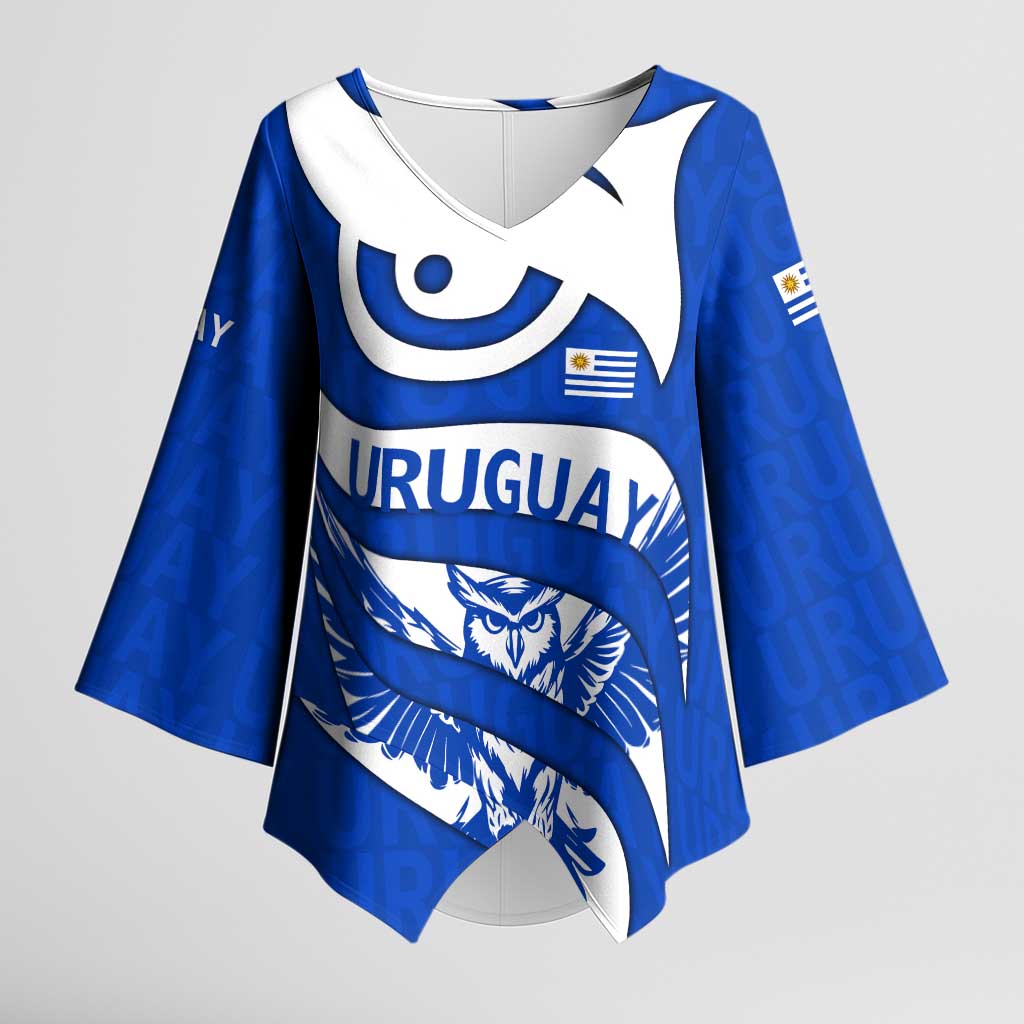 Uruguay Kimono Sleeve Blouse with Owl Illustration Blue White Abstract Motion Design - Wonder Print Shop