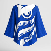 Uruguay Kimono Sleeve Blouse with Owl Illustration Blue White Abstract Motion Design - Wonder Print Shop