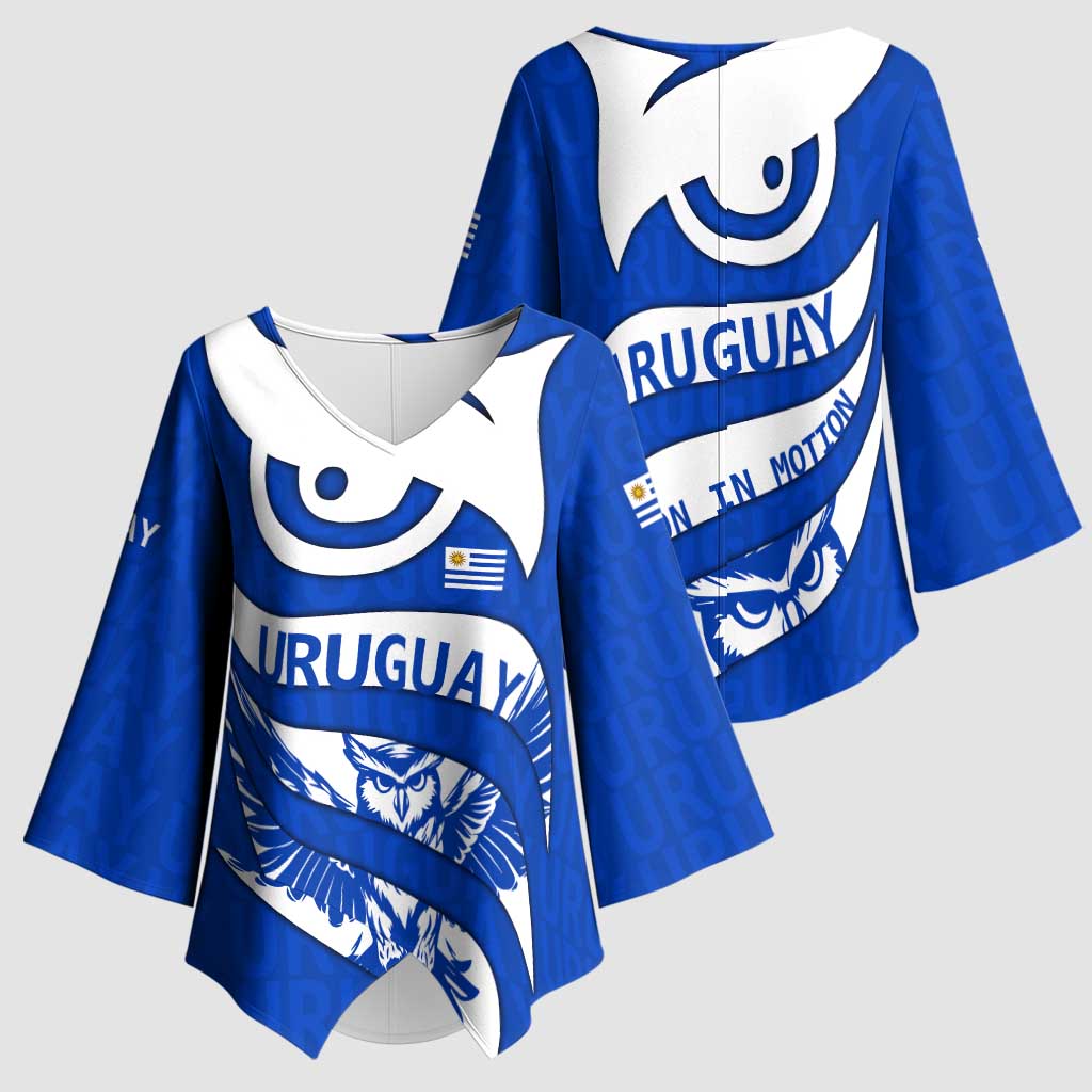 Uruguay Kimono Sleeve Blouse with Owl Illustration Blue White Abstract Motion Design - Wonder Print Shop