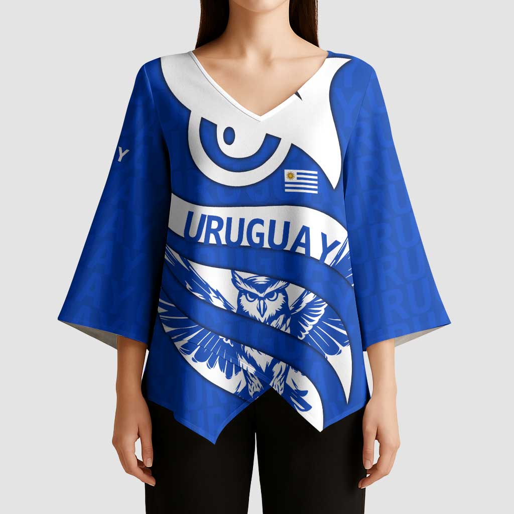Uruguay Kimono Sleeve Blouse with Owl Illustration Blue White Abstract Motion Design - Wonder Print Shop