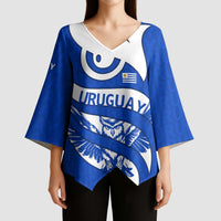 Uruguay Kimono Sleeve Blouse with Owl Illustration Blue White Abstract Motion Design - Wonder Print Shop