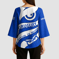 Uruguay Kimono Sleeve Blouse with Owl Illustration Blue White Abstract Motion Design - Wonder Print Shop