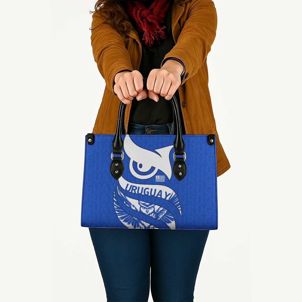 Uruguay Leather Bag with Owl Illustration Blue White Abstract Motion Design - Wonder Print Shop