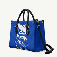 Uruguay Leather Bag with Owl Illustration Blue White Abstract Motion Design - Wonder Print Shop