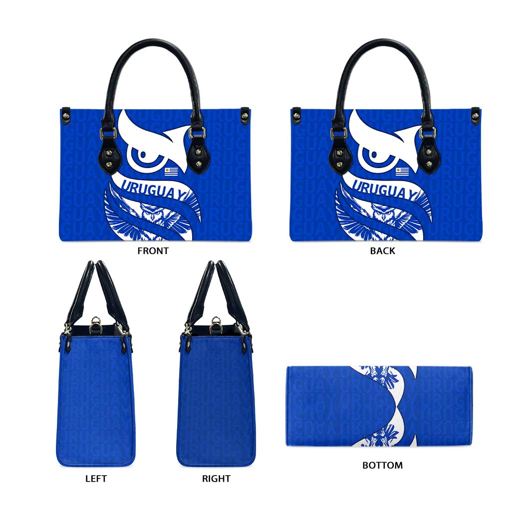 Uruguay Leather Bag with Owl Illustration Blue White Abstract Motion Design - Wonder Print Shop