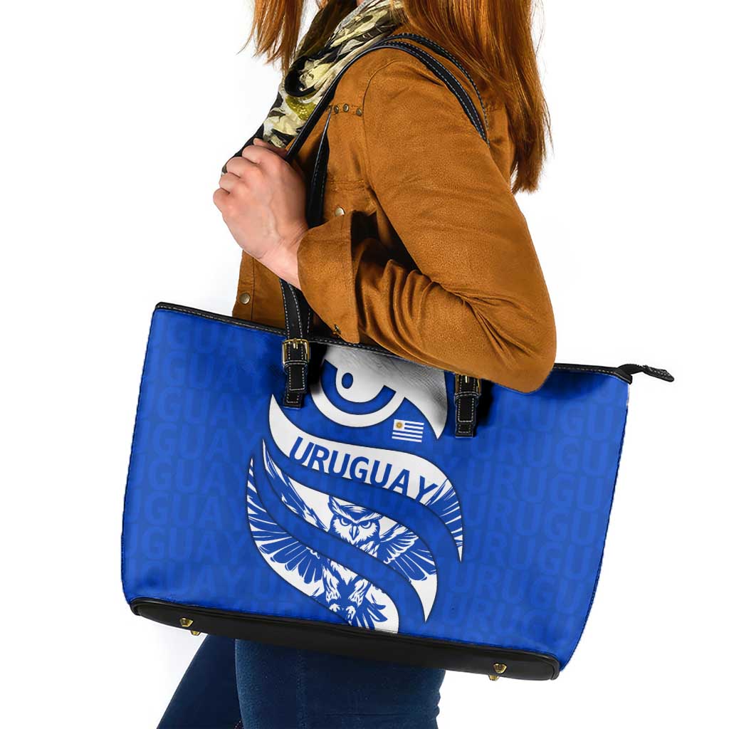 Uruguay Leather Tote Bag with Owl Illustration Blue White Abstract Motion Design - Wonder Print Shop