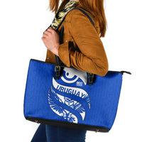 Uruguay Leather Tote Bag with Owl Illustration Blue White Abstract Motion Design - Wonder Print Shop