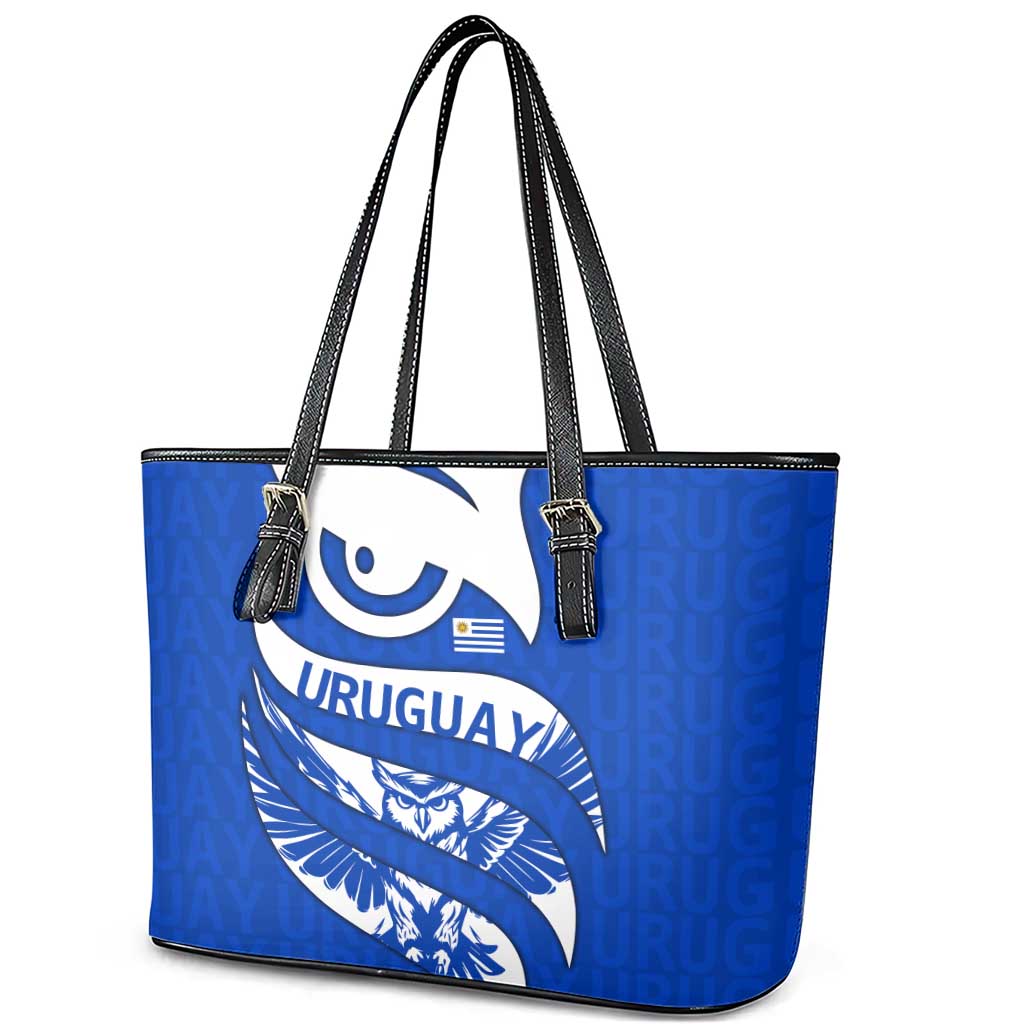 Uruguay Leather Tote Bag with Owl Illustration Blue White Abstract Motion Design - Wonder Print Shop