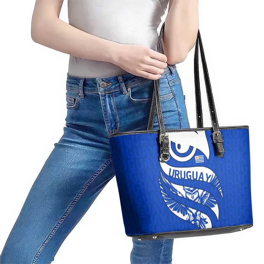 Uruguay Leather Tote Bag with Owl Illustration Blue White Abstract Motion Design - Wonder Print Shop