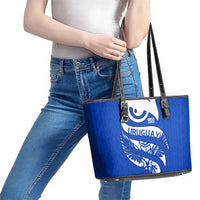 Uruguay Leather Tote Bag with Owl Illustration Blue White Abstract Motion Design - Wonder Print Shop