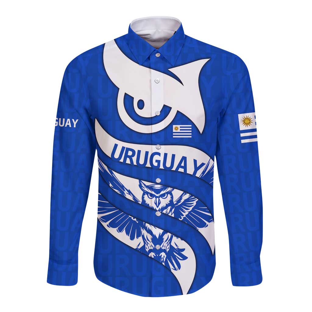 Uruguay Long Sleeve Button Shirt with Owl Illustration Blue White Abstract Motion Design - Wonder Print Shop