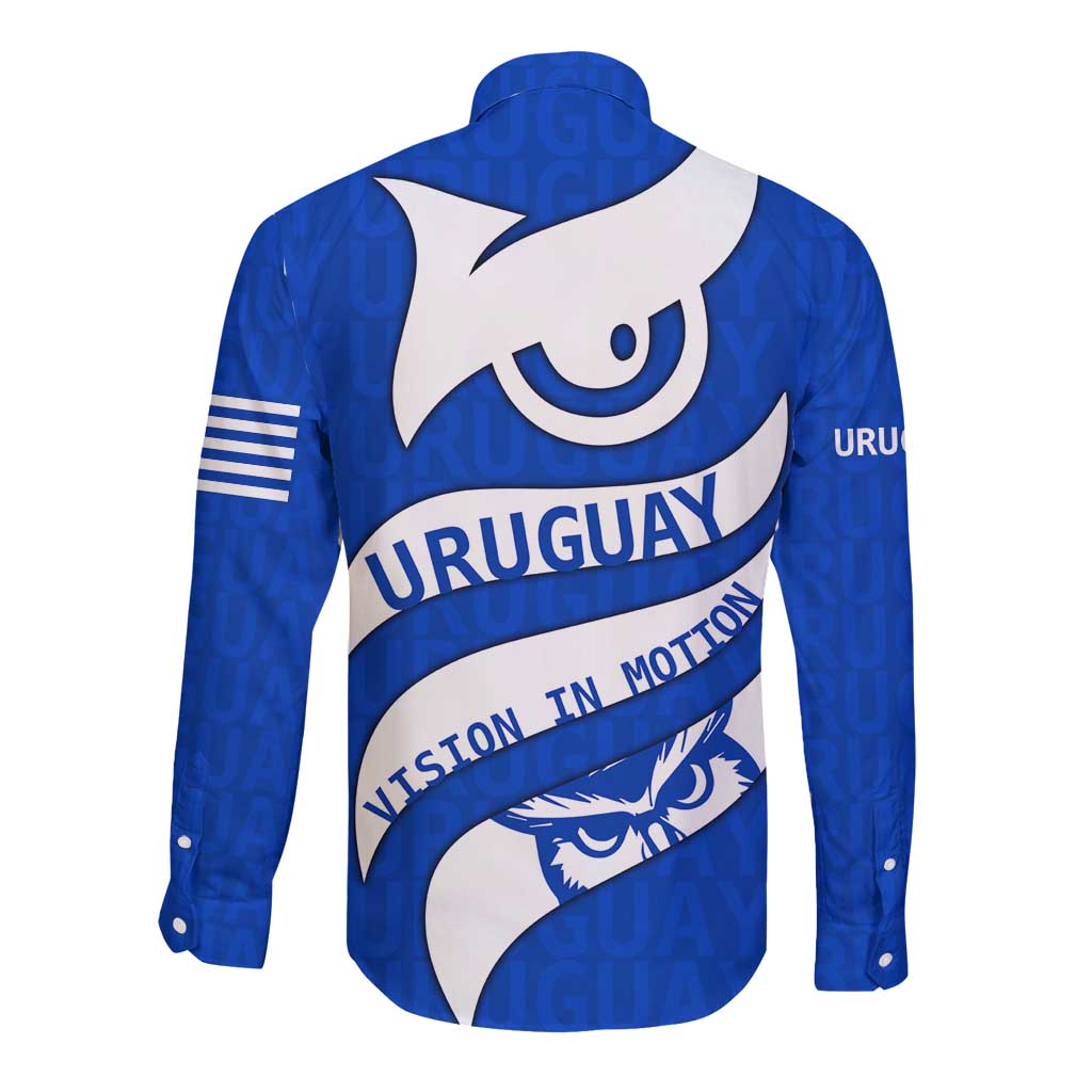 Uruguay Long Sleeve Button Shirt with Owl Illustration Blue White Abstract Motion Design - Wonder Print Shop