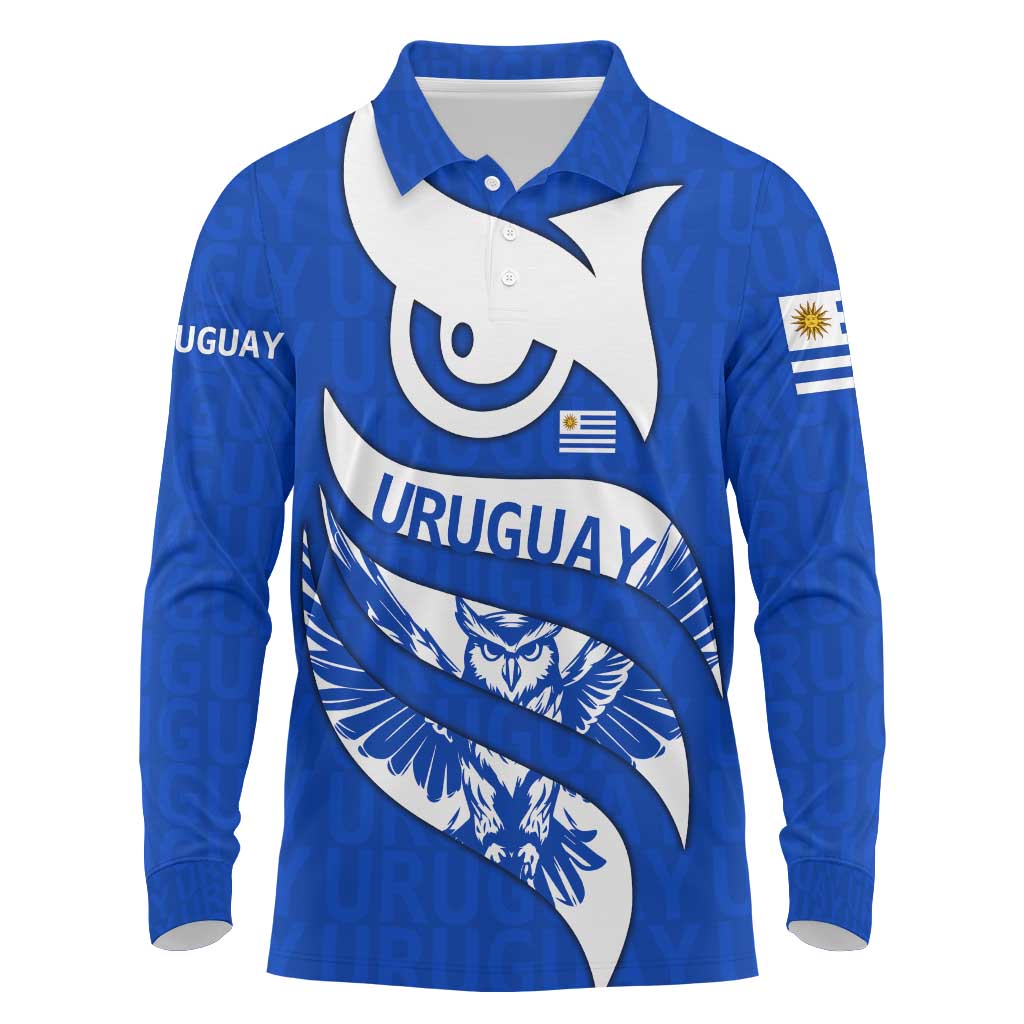 Uruguay Long Sleeve Polo Shirt with Owl Illustration Blue White Abstract Motion Design - Wonder Print Shop