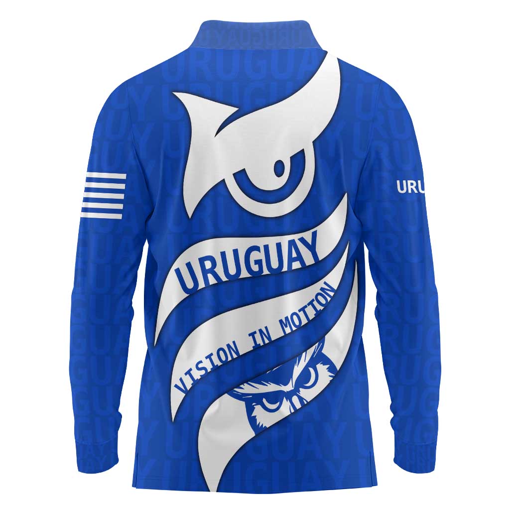 Uruguay Long Sleeve Polo Shirt with Owl Illustration Blue White Abstract Motion Design - Wonder Print Shop