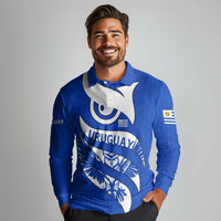 Uruguay Long Sleeve Polo Shirt with Owl Illustration Blue White Abstract Motion Design - Wonder Print Shop
