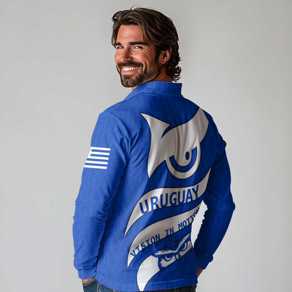 Uruguay Long Sleeve Polo Shirt with Owl Illustration Blue White Abstract Motion Design - Wonder Print Shop