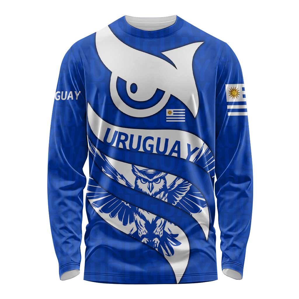 Uruguay Long Sleeve Shirt with Owl Illustration Blue White Abstract Motion Design - Wonder Print Shop