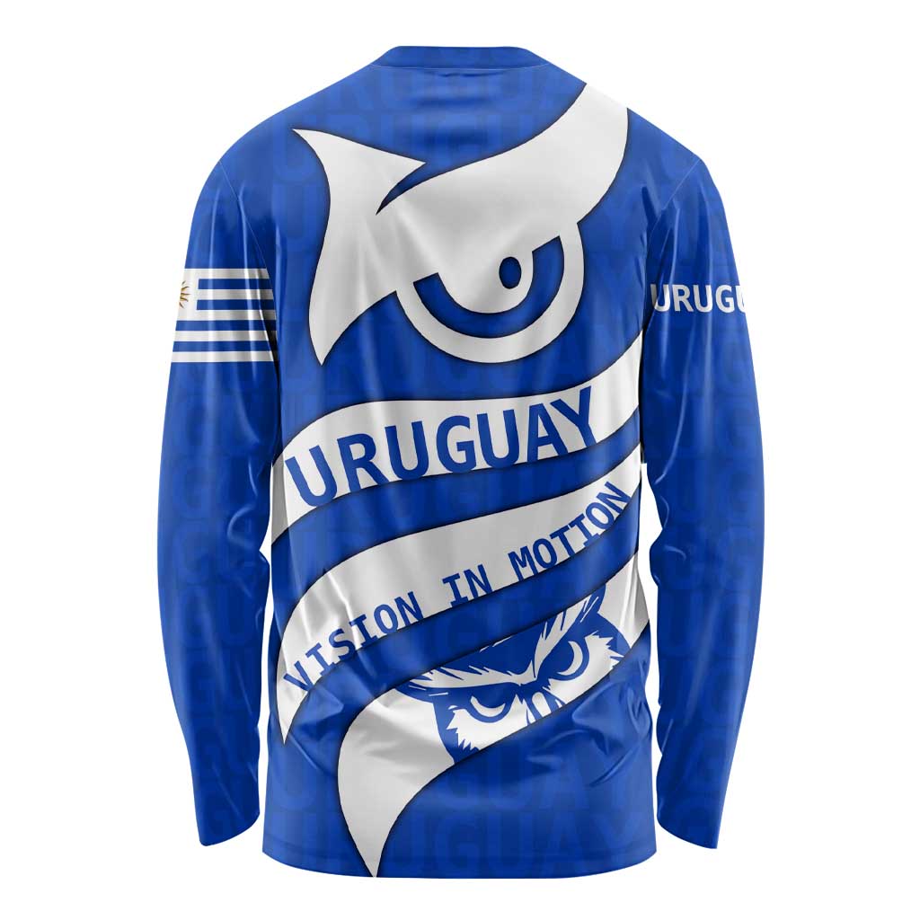 Uruguay Long Sleeve Shirt with Owl Illustration Blue White Abstract Motion Design - Wonder Print Shop