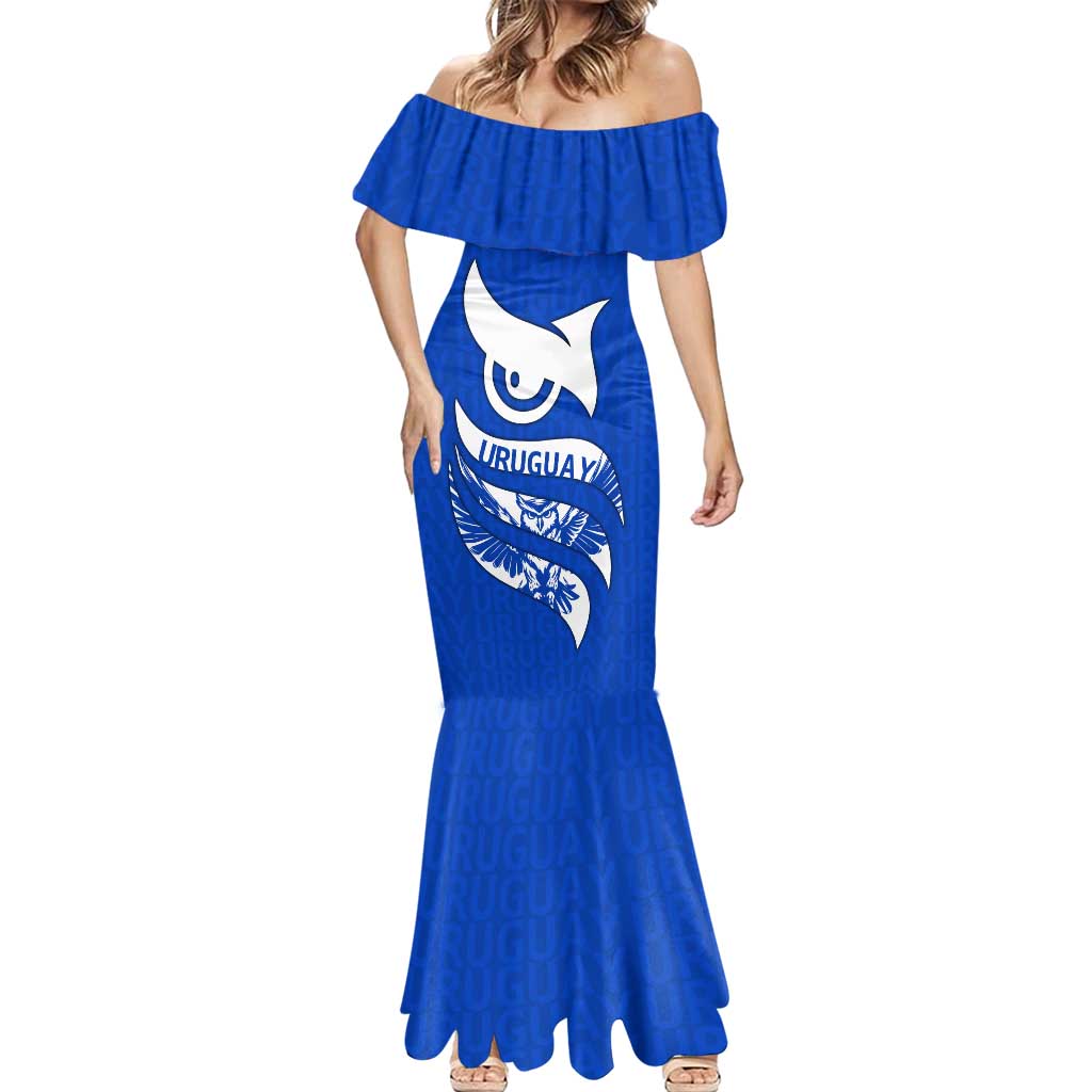 Uruguay Mermaid Dress with Owl Illustration Blue White Abstract Motion Design - Wonder Print Shop