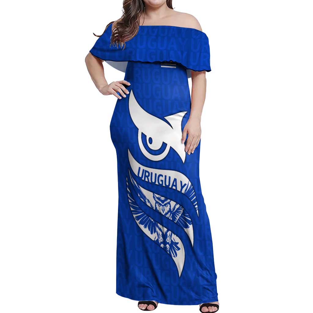 Uruguay Off Shoulder Maxi Dress with Owl Illustration Blue White Abstract Motion Design - Wonder Print Shop