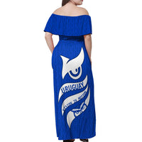 Uruguay Off Shoulder Maxi Dress with Owl Illustration Blue White Abstract Motion Design - Wonder Print Shop