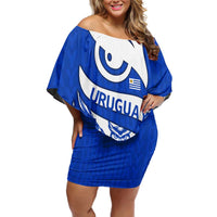 Uruguay Off Shoulder Short Dress with Owl Illustration Blue White Abstract Motion Design - Wonder Print Shop