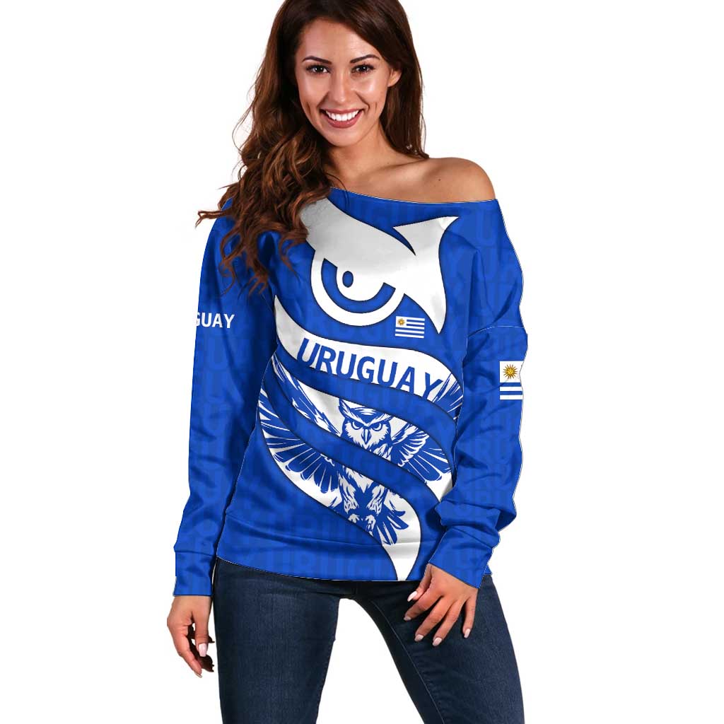 Uruguay Off Shoulder Sweater with Owl Illustration Blue White Abstract Motion Design - Wonder Print Shop