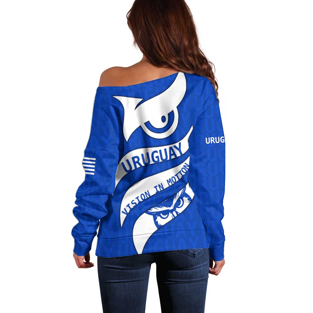 Uruguay Off Shoulder Sweater with Owl Illustration Blue White Abstract Motion Design - Wonder Print Shop