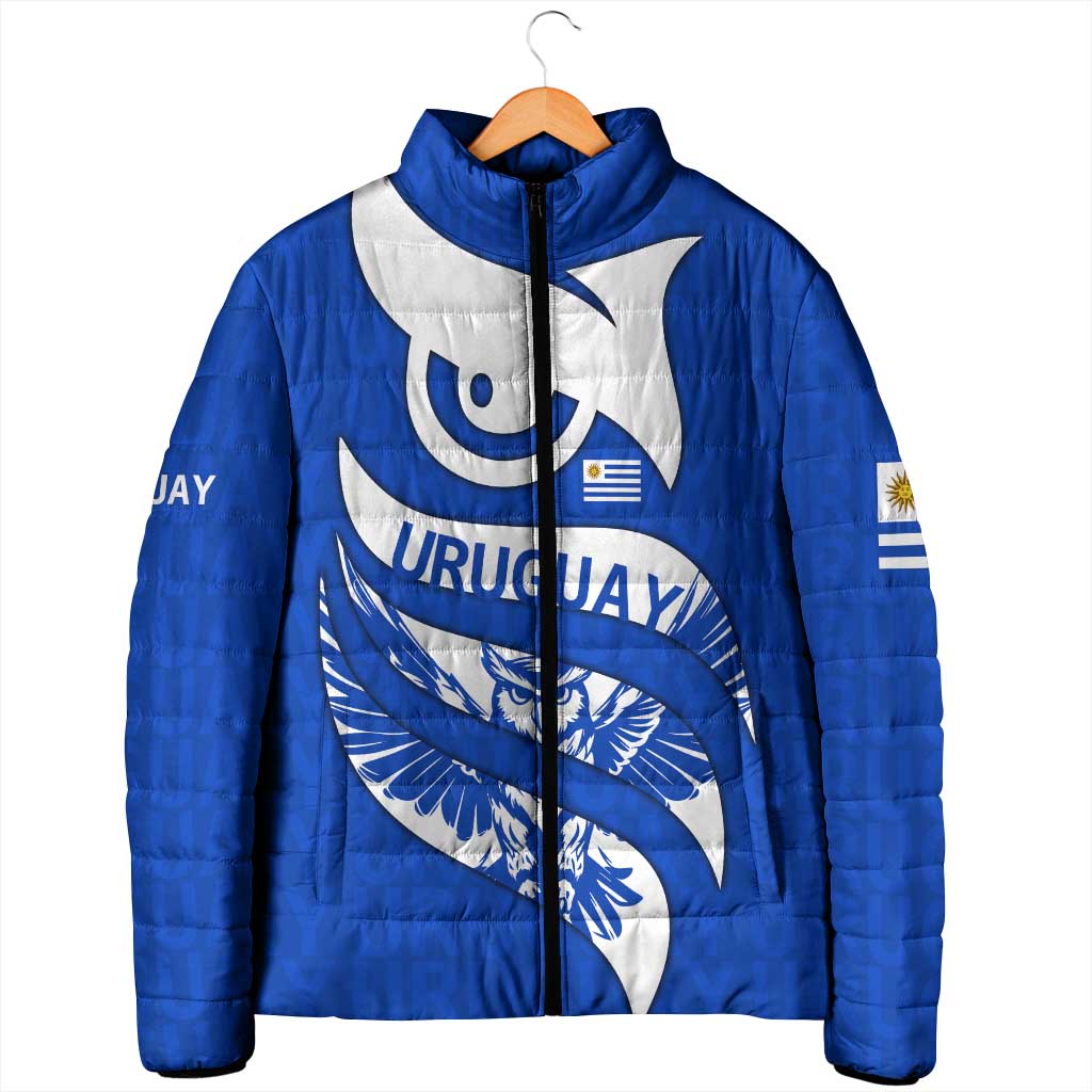 Uruguay Padded Jacket with Owl Illustration Blue White Abstract Motion Design - Wonder Print Shop