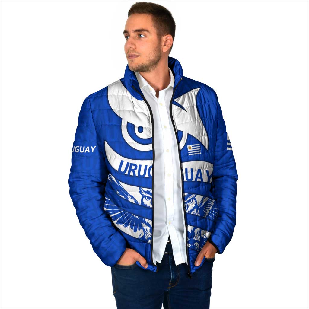 Uruguay Padded Jacket with Owl Illustration Blue White Abstract Motion Design - Wonder Print Shop