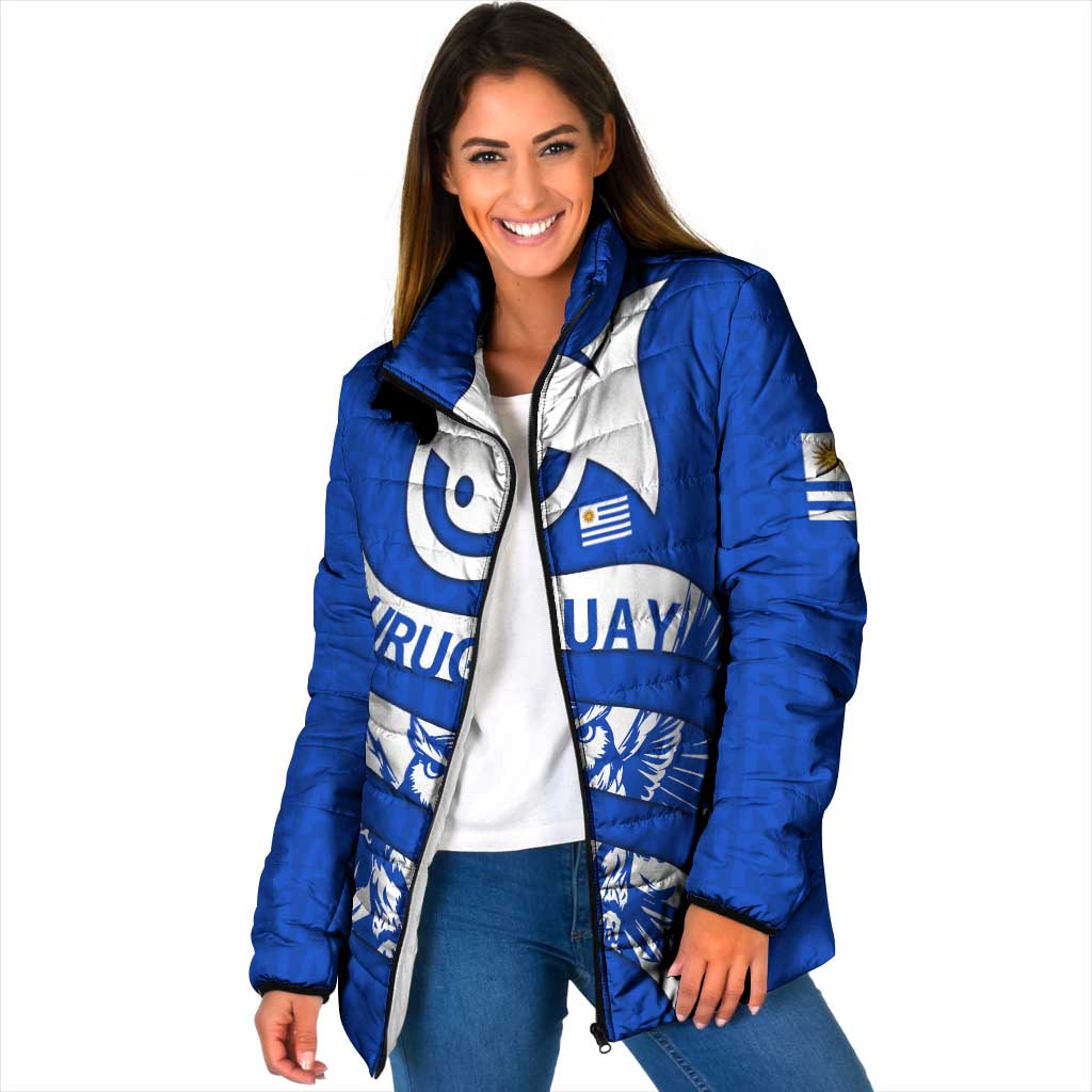 Uruguay Padded Jacket with Owl Illustration Blue White Abstract Motion Design - Wonder Print Shop