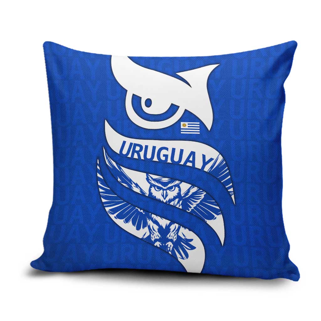 Uruguay Pillow Cover with Owl Illustration Blue White Abstract Motion Design - Wonder Print Shop