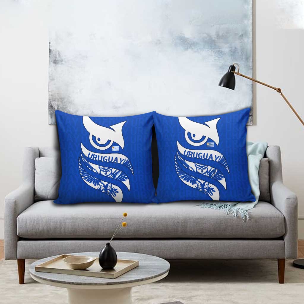 Uruguay Pillow Cover with Owl Illustration Blue White Abstract Motion Design - Wonder Print Shop